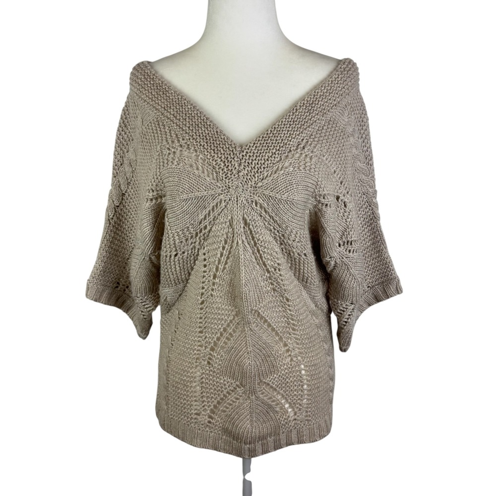 Angie Womens Alpaca Blend Knit‎ Sweater Sz Small Beige V-Neck Batwing Coastal